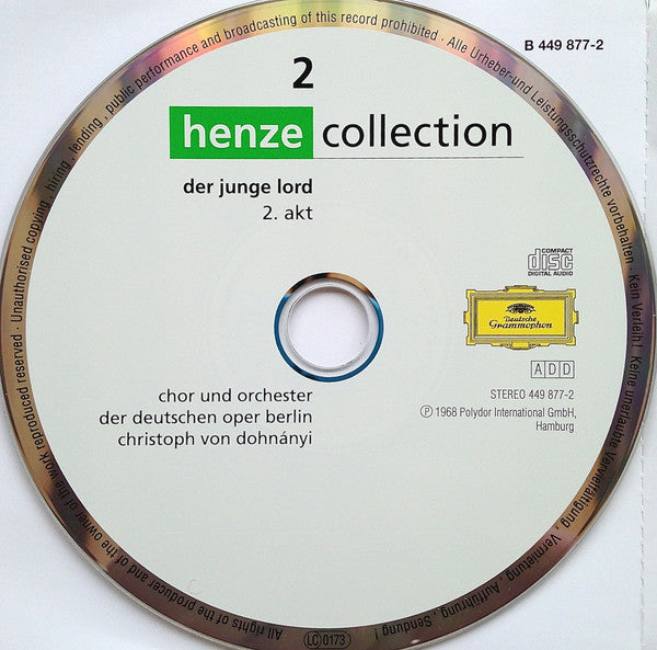 Hans Werner Henze – Edith Mathis · Donald Grobe · Barry McDaniel · Patricia Johnson (3) · Loren Driscoll · Chor der Deutschen Oper Berlin Und Orchester Der Deutschen Oper Berlin · Christoph von Dohnányi : Der Junge Lord (2xCD, RE, RM)