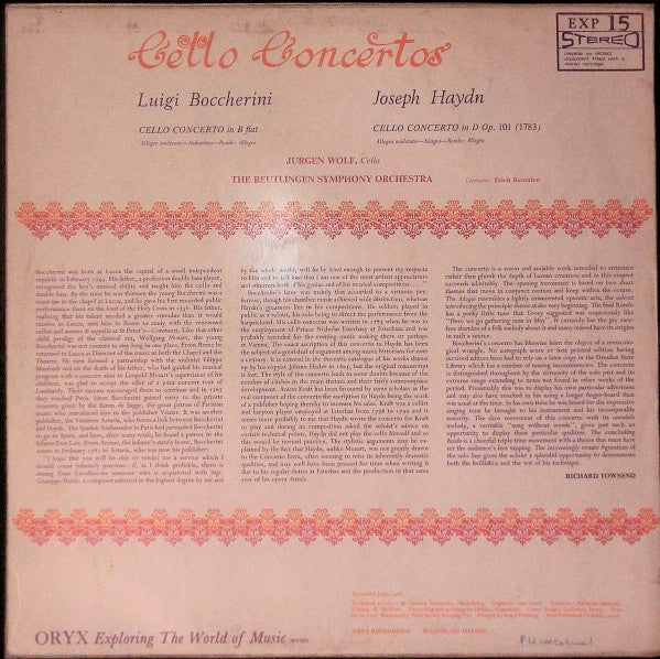 Luigi Boccherini, Joseph Haydn, Württembergische Philharmonie Reutlingen, Erich Reustlen : Cello Concerto In B Flat / Cello Concerto In D Major, Op. 101 (LP, Album)