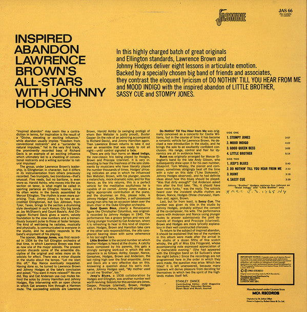 Lawrence Brown's All-Stars With Johnny Hodges : Inspired Abandon (LP, Album, RE)