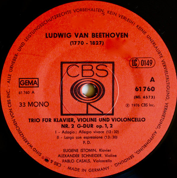 Ludwig van Beethoven - Pablo Casals - Eugene Istomin - Alexander Schneider : Klaviertrio Nr.2 G-Dur Op.1,2 (LP, Mono)
