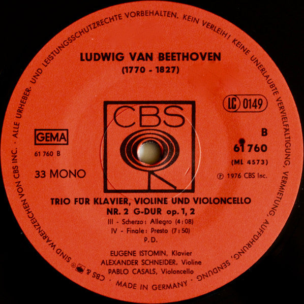 Ludwig van Beethoven - Pablo Casals - Eugene Istomin - Alexander Schneider : Klaviertrio Nr.2 G-Dur Op.1,2 (LP, Mono)