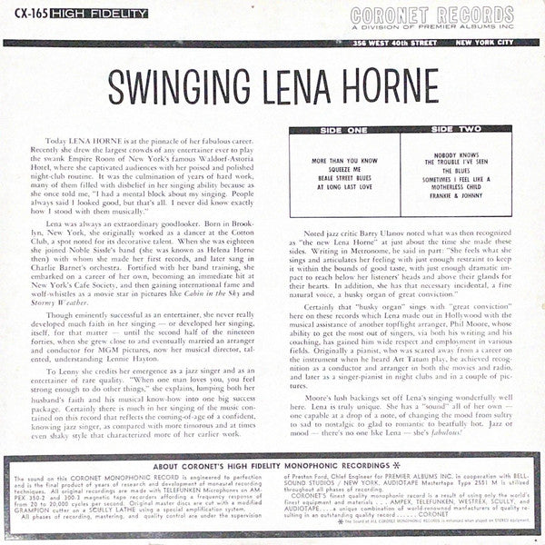 Lena Horne : Swinging Lena Horne (LP, Album, Mono)