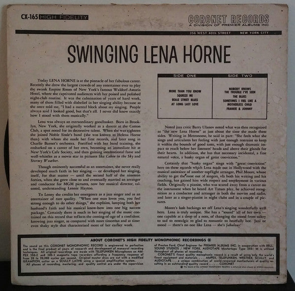 Lena Horne : Swinging Lena Horne (LP, Album, Mono)