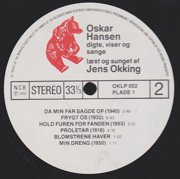 Oskar Hansen Læst Og Sunget Af Jens Okking : Digte, Viser Og Sange (2xLP, Album)