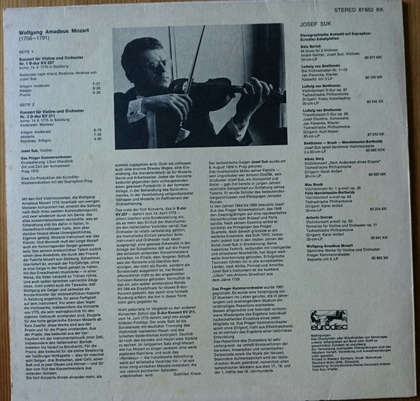 Wolfgang Amadeus Mozart, Josef Suk, Prague Chamber Orchestra : Violinkonzert Nr. 1 Kv 207 / Nr. 2 Kv 211 (LP)