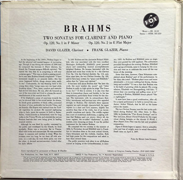 Johannes Brahms - David Glazer, Frank Glazer : Sonatas For Clarinet And Piano, Op. 120 (LP, Gat)