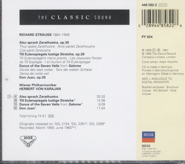 Richard Strauss - Wiener Philharmoniker, Herbert von Karajan : Also Sprach Zarathustra / Till Eulenspiegel / Don Juan (CD, Comp, RE, RM)