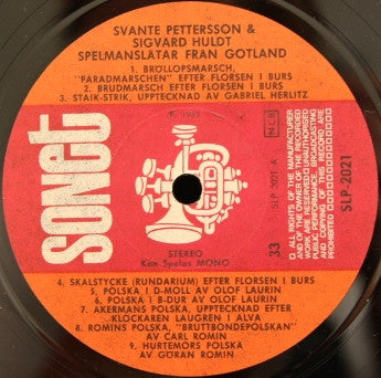 Svante Pettersson, Sigvard Huldt : Spelmanslåtar Från Gotland (LP)