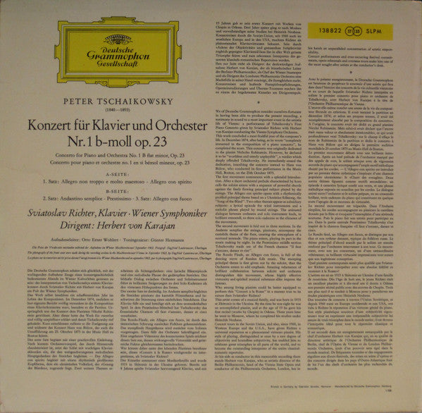 Pyotr Ilyich Tchaikovsky, Sviatoslav Richter, Herbert Von Karajan, Wiener Symphoniker : Klavierkonzert Nr. 1 B-Moll (LP, RE)