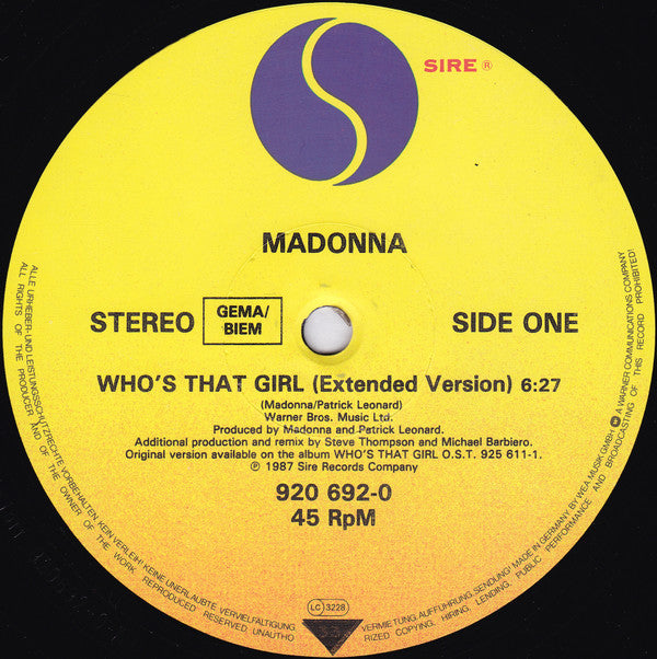 Madonna : Who's That Girl (Extended Version) (12")