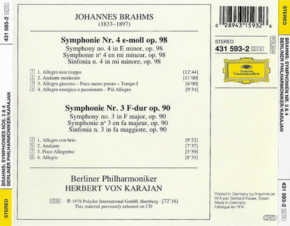 Johannes Brahms, Herbert von Karajan, Berliner Philharmoniker : Symphonien Nos. 3 & 4 (CD, Album, Comp, RE)