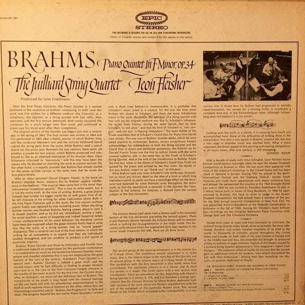 Johannes Brahms - Leon Fleisher, Juilliard String Quartet : Piano Quintet In F Minor, Op.34 (LP, Album)