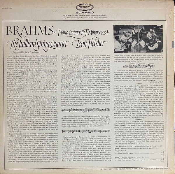 Johannes Brahms - Leon Fleisher, Juilliard String Quartet : Piano Quintet In F Minor, Op.34 (LP, Album)