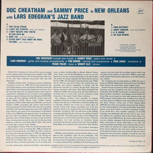 Doc Cheatham, Sammy Price, Lars Edegran's New Orleans Band : Doc Cheatham And Sammy Price In New Orleans   (LP)