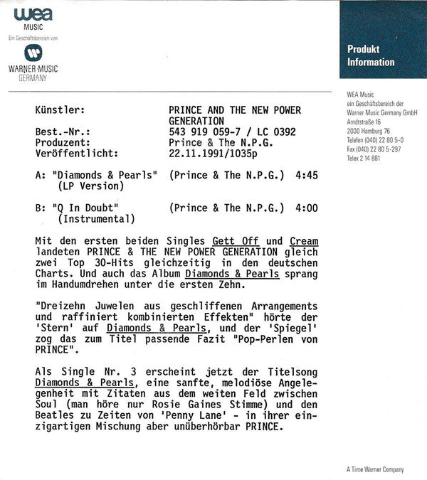 Prince & The New Power Generation : Diamonds & Pearls (7", Single, Sol)