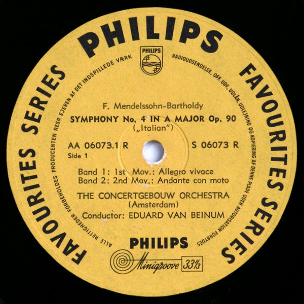 Felix Mendelssohn-Bartholdy, Concertgebouworkest, Eduard Van Beinum : Symphony No. 4 In A Major Op. 90 " Italian" (10", Mono)