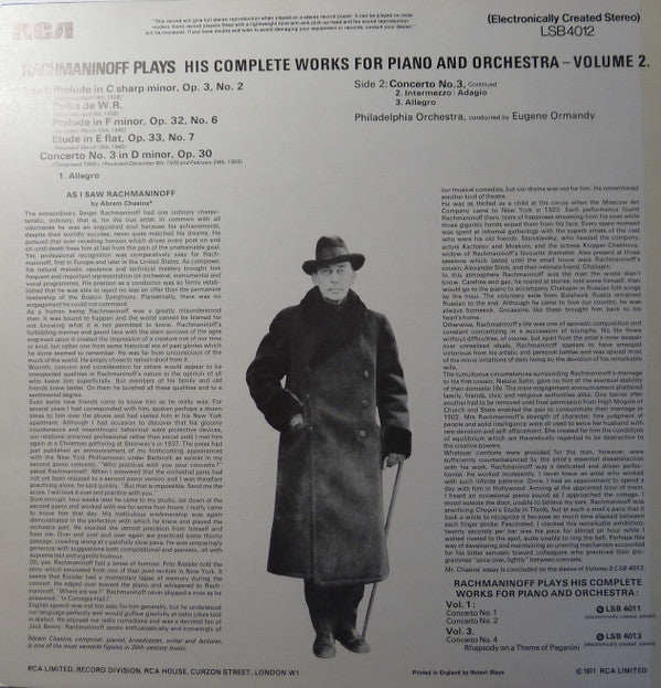 Sergei Rachmaninoff : Rachmaninoff Plays His Complete Works For Piano And Orchestra Volume 2 (LP, Album)