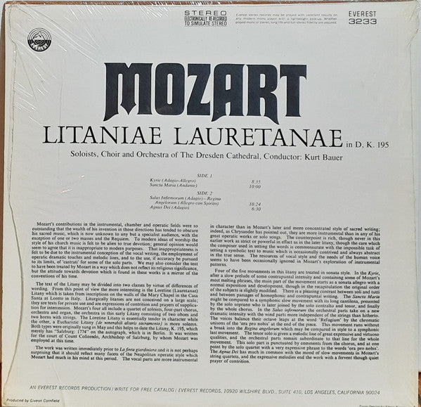 Wolfgang Amadeus Mozart, Soloists, Dresden Cathedral Choir & Orchestra, Dr. Kurt Bauer : Litaniae Lauretanae In D, K. 195 (LP)