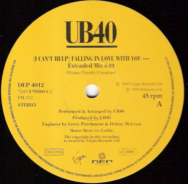 UB40 : (I Can't Help) Falling In Love With You (12")