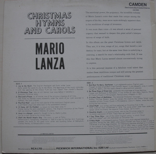 Mario Lanza : Christmas Hymns & Carols (LP, Comp)