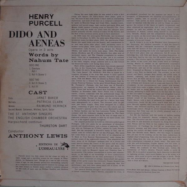 Henry Purcell - St. Anthony Singers, English Chamber Orchestra, Anthony Lewis (2) : Dido and Aeneas (LP, Mono, RP)