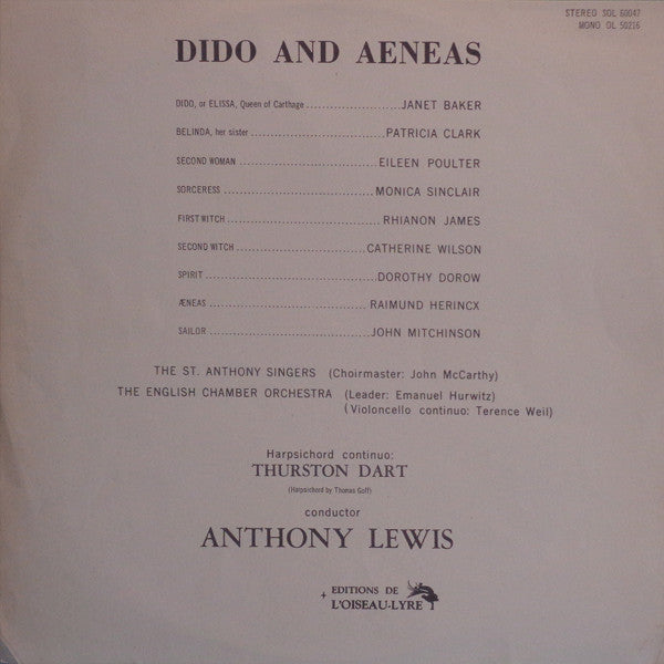 Henry Purcell - St. Anthony Singers, English Chamber Orchestra, Anthony Lewis (2) : Dido and Aeneas (LP, Mono, RP)