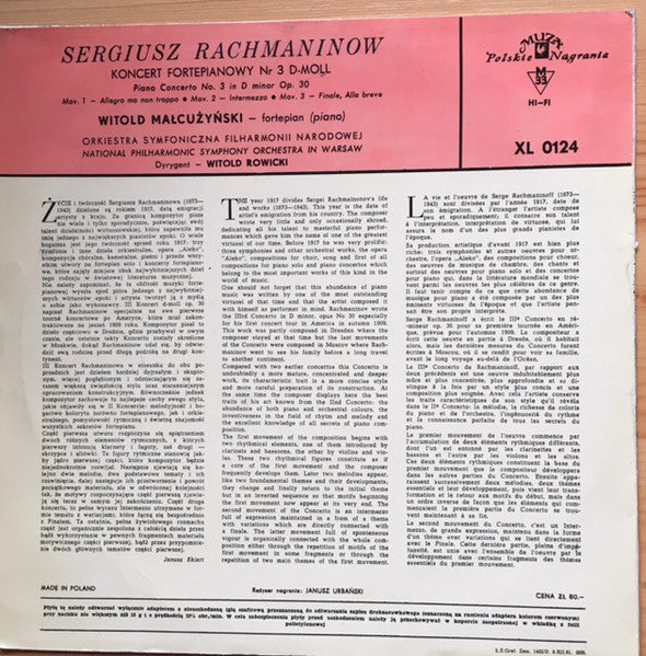 Witold Malcuzynsky, Sergei Rachmaninoff, Orkiestra Symfoniczna Filharmonii Narodowej, Witold Rowicki : Sergiusz Rachmaninow Koncert Fortepianowy Nr 3 D-moll (LP, Album, Mono)
