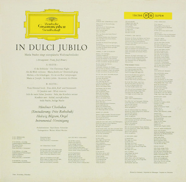 Maria Stader, Die Münchner Chorbuben ∙ "In Dulci Jubilo" Ensemble : In Dulci Jubilo (Maria Stader Singt Europäische Weihnachtslieder) (LP)