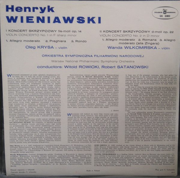 Henryk Wieniawski, Wanda Wilkomirska, Oleg Krysa, Orkiestra Symfoniczna Filharmonii Narodowej : Violin Concertos No.1 And No. 2 (LP, Album, Blu)