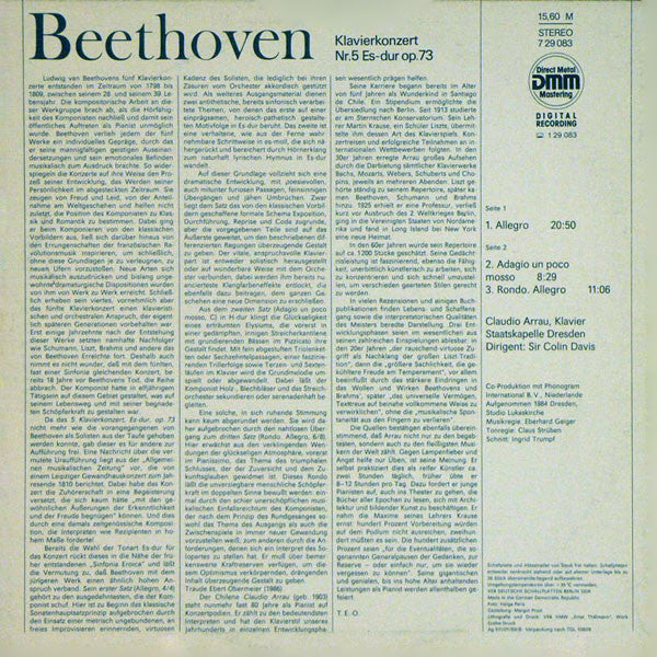 Ludwig van Beethoven - Claudio Arrau, Staatskapelle Dresden, Sir Colin Davis : Klavierkonzert Nr.5 Es-Dur Op.73 (LP, RP, DMM)