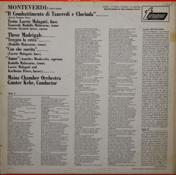Claudio Monteverdi : "Combattimento Di Tancredi E Clorinda" / Three Madrigals (LP, Album)