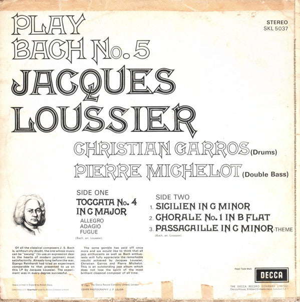 Jacques Loussier, Christian Garros, Pierre Michelot : Play Bach No. 5 (LP, Album)