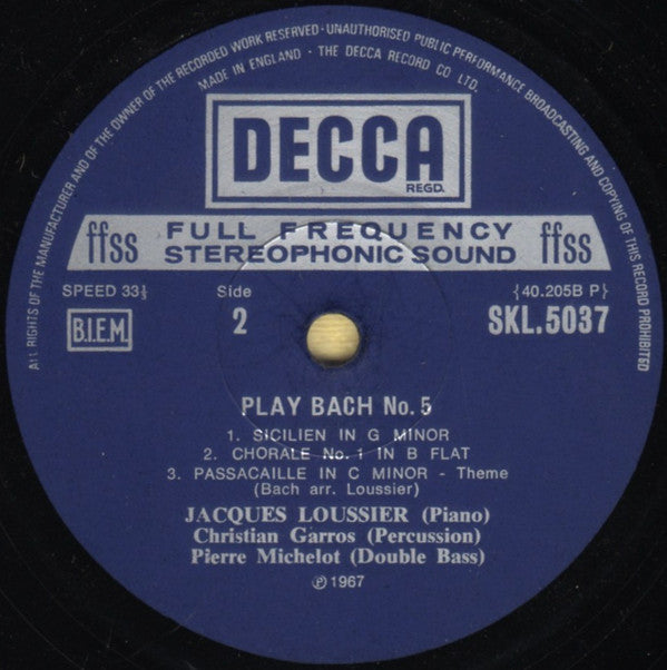 Jacques Loussier, Christian Garros, Pierre Michelot : Play Bach No. 5 (LP, Album)