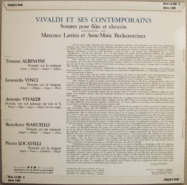 Maxence Larrieu, Anne-Marie Beckensteiner : Vivaldi Et Ses Contemporains - Sonates Pour Flûte Et Clavecin (LP, Mono)