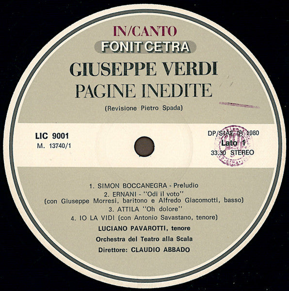 Luciano Pavarotti, Claudio Abbado, Orchestra Del Teatro Alla Scala : Giuseppe Verdi Pagine Inedite (LP, Album)
