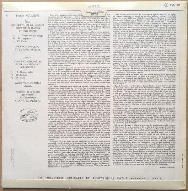 Francis Poulenc - Aimée Van De Wiele ‧ Jacques Février ‧ Orchestre De La Société Des Concerts Du Conservatoire, Georges Prêtre : Concerto En Ré Mineur Pour Deux Pianos Et Orchestre / Concert Champêtre Pour Clavecin Et Orchestre (LP, Album, Sem)