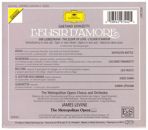 Gaetano Donizetti - Kathleen Battle · Luciano Pavarotti · Leo Nucci · Enzo Dara · Dawn Upshaw · Metropolitan Opera Chorus & The Metropolitan Opera House Orchestra · James Levine (2) : L'Elisir D'Amore (2xCD, Album, RE)