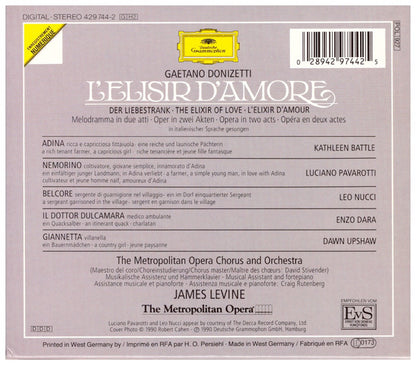 Gaetano Donizetti - Kathleen Battle · Luciano Pavarotti · Leo Nucci · Enzo Dara · Dawn Upshaw · Metropolitan Opera Chorus & The Metropolitan Opera House Orchestra · James Levine (2) : L'Elisir D'Amore (2xCD, Album, RE)