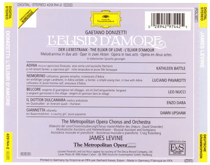 Gaetano Donizetti - Kathleen Battle · Luciano Pavarotti · Leo Nucci · Enzo Dara · Dawn Upshaw · Metropolitan Opera Chorus & The Metropolitan Opera House Orchestra · James Levine (2) : L'Elisir D'Amore (2xCD, Album, RE)