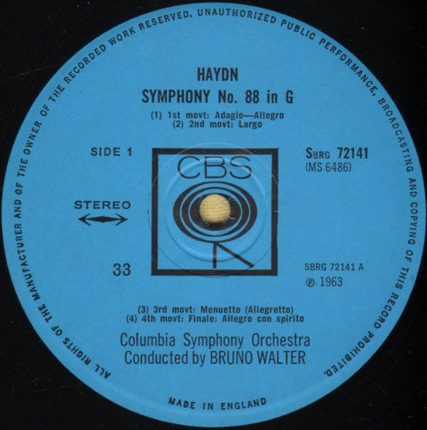 Bruno Walter Conducts Joseph Haydn - Columbia Symphony Orchestra : Symphony No. 88 In G Major / Symphony No. 100 In G Major (Military) (LP, Album, RE)