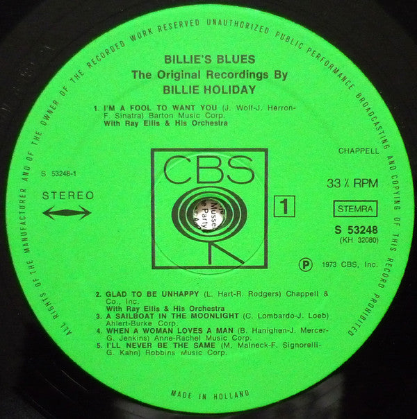 Billie Holiday : Billie's Blues (The Original Recordings By Billie Holiday) (LP, Comp, Mono)