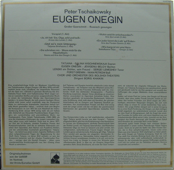 Pyotr Ilyich Tchaikovsky, Bolshoi Theatre Orchestra, Chorus Of The Bolshoi Theatre : Eugen Onegin Grosser Querschnitt - Russich Gesungen (LP)