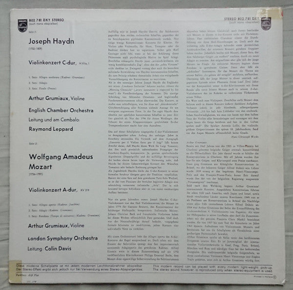 Joseph Haydn, Wolfgang Amadeus Mozart - Arthur Grumiaux, Sir Colin Davis, Raymond Leppard : Violinkonzert C-Dur, Violinkonzert A-Dur, KV 219 (LP)