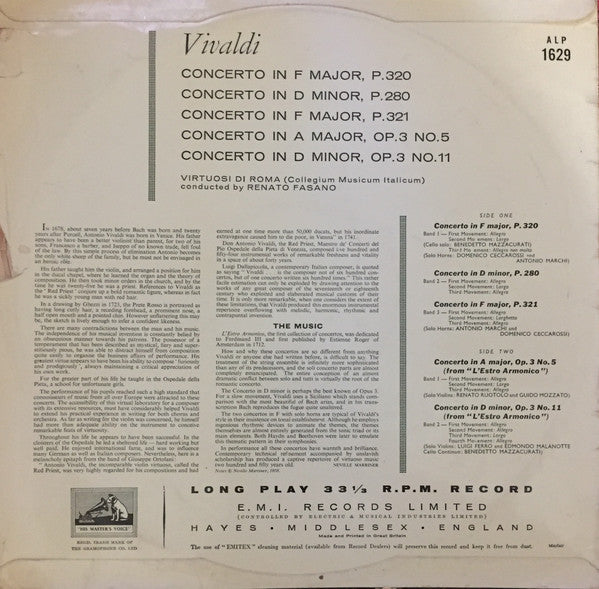 Antonio Vivaldi, Virtuosi Di Roma "Collegium Musicum Italicum" Conducted By Renato Fasano : Concerto In F Major, P. 320 / Concerto In D Minor, P. 280 / Concerto In F Major, P. 321 / Concerto In A Major, Op. 3 No. 5 / Concerto In D Minor, Op. 3 No. 11 (LP, Album)