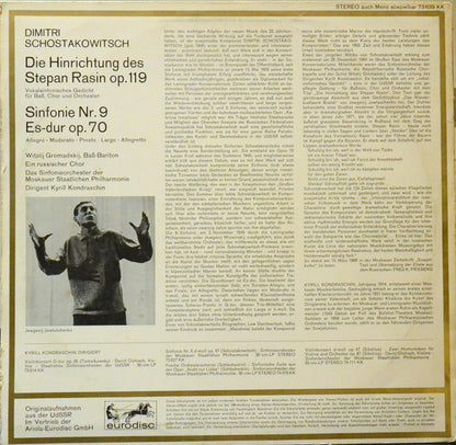 Dmitri Shostakovich, Kiril Kondrashin, Moscow Philharmonic Orchestra : Kantate Die Hinrichtung Des Stepan Razin / Sinfonie Nr. 9 Op. 70 (LP)