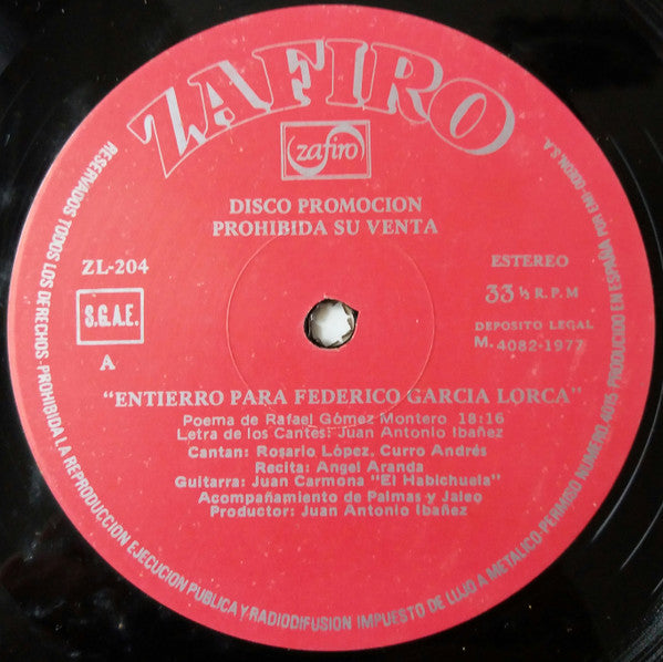 Rafael Gómez Montero : Entierro Para Federico Garcia Lorca (LP, Album, Promo, Gat)