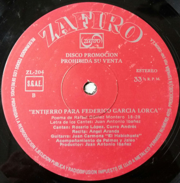 Rafael Gómez Montero : Entierro Para Federico Garcia Lorca (LP, Album, Promo, Gat)