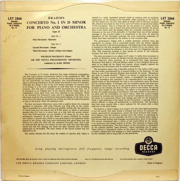 Johannes Brahms : Wilhelm Backhaus, Wiener Philharmoniker, Karl Böhm : Concerto No.1 In D Minor For Piano And Orchestra, Op. 15 (LP, Mono)