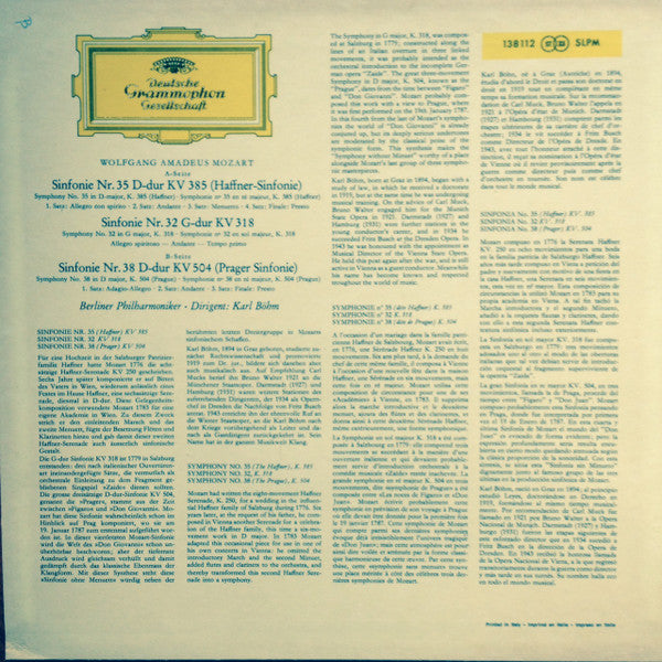 Wolfgang Amadeus Mozart ‧ Karl Böhm, Berliner Philharmoniker : Symphonien Nr. 35 "Haffner" / Nr. 32 G-dur (in G Major) / Nr. 38 "Prager" (LP, RP)