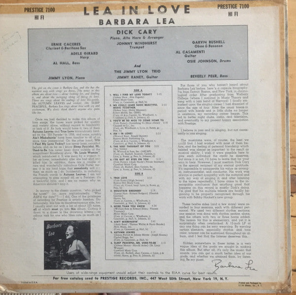 Barbara Lea : Lea In Love (LP, Album, Mono)